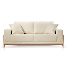 Sofá 3 Lugares Almofada Solta Base Madeira Veludo Bege Claro