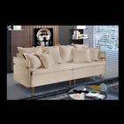 Sofá 3 Lugares Almofada Solta Base Madeira Veludo Bege Claro