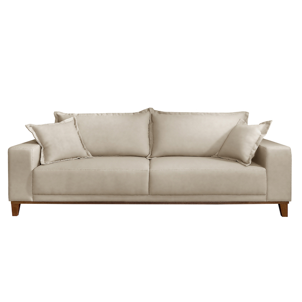 Sofá 3 Lugares Almofada Solta Base Madeira Veludo Bege Claro