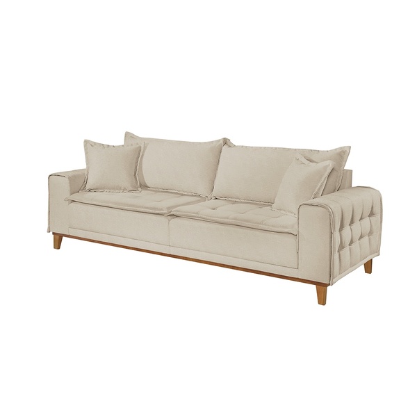 Sofá 3 Lugares Almofada Solta Base Madeira Veludo Bege Claro