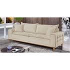 Sofá 3 Lugares Almofada Solta Base Madeira Veludo Bege Claro