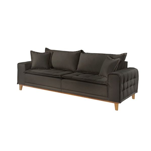 Sofá 3 Lugares Almofada Solta Base Madeira Veludo Chumbo Caro