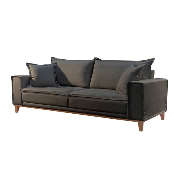 Sofá 3 Lugares Almofada Solta Base Madeira Veludo Chumbo Marg