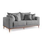 Sofá 3 Lugares Almofada Solta Base Madeira Veludo Cinza Medio