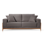 Sofá 3 Lugares Almofada Solta Base Madeira Veludo Cinza Medio