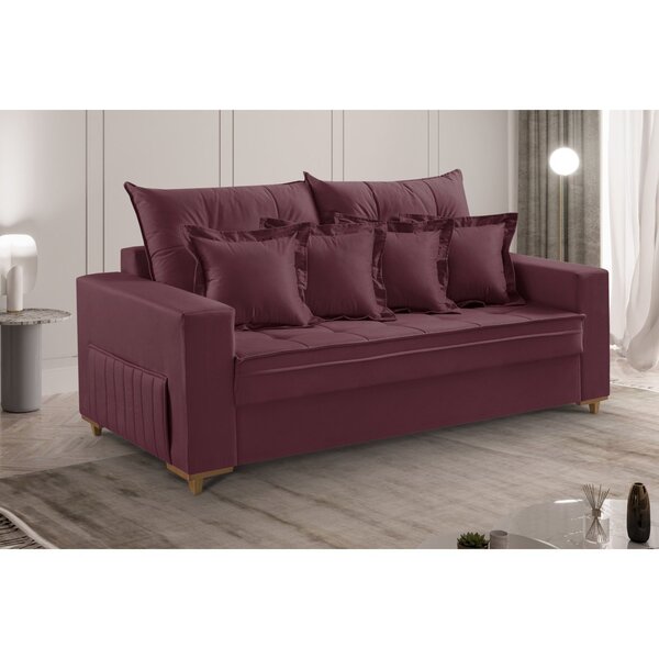 Sofá 3 Lugares Beny 200cm Com Almofadas E Pés De Madeira Bordô