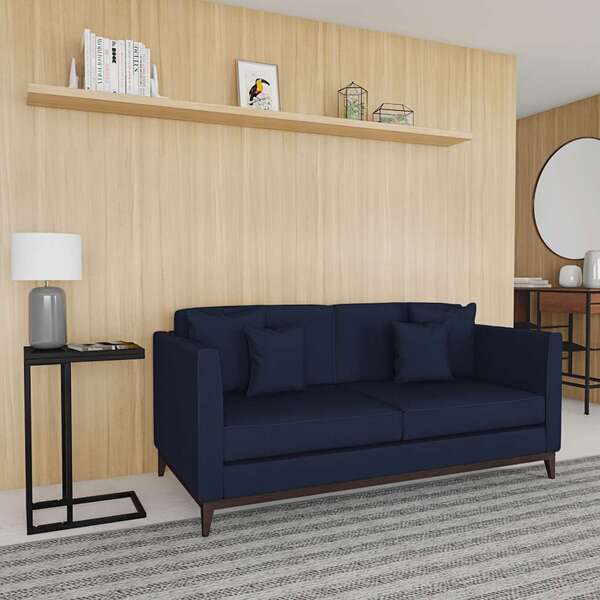 Sofá 3 Lugares Boaz Base De Madeira Linho Cotton Azul Marinho.