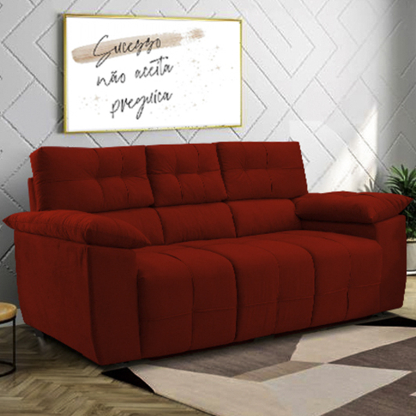 Sofá 3 Lugares Clássico Cama Inbox 2,00m Tecido Suede Vermelho