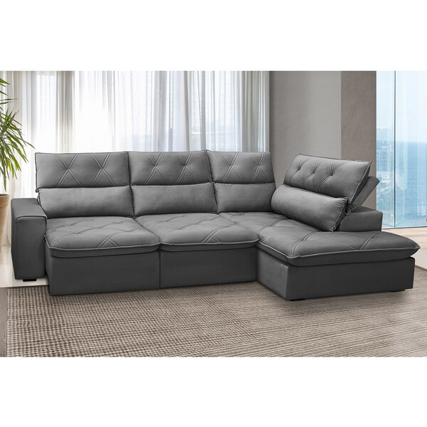 Sofá 3 Lugares Com Chaise Direito Veludo Noruega Ferguile