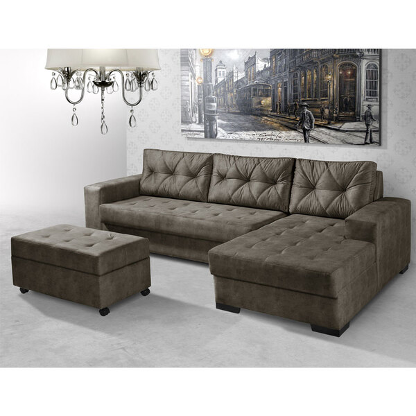 Sofá 3 Lugares Com Chaise E Puff Marrom Florença