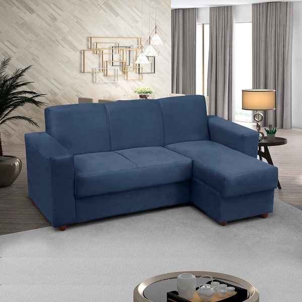 Sofá 3 Lugares Com Chaise Ld Bia Suede Azul  Madelina Decor