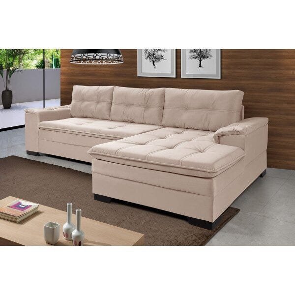 Sofá 3 Lugares Com Chaise Suede Aveludado Areia