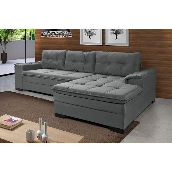 Sofá 3 Lugares Com Chaise Suede Aveludado Cinza