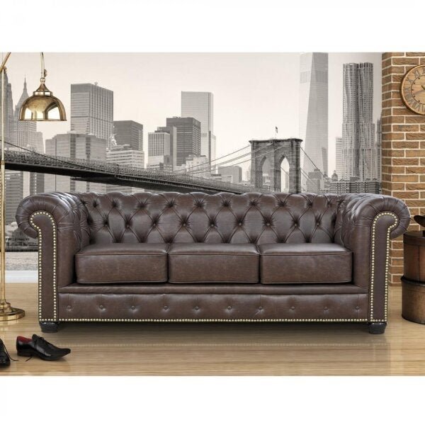 Sofá 3 Lugares Com Tachas Em Couro Legítimo Chesterfild  Café