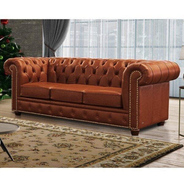 Sofá 3 Lugares Com Tachas Em Couro Legítimo Chesterfild  Conh