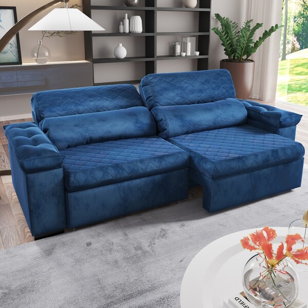 Sofá 3 Lugares Espanha Retrátil E Reclinável Veludo Azul - Vi