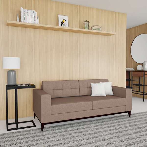Sofá 3 Lugares Happy Pés E Base Em Madeira Linho Cotton Bege