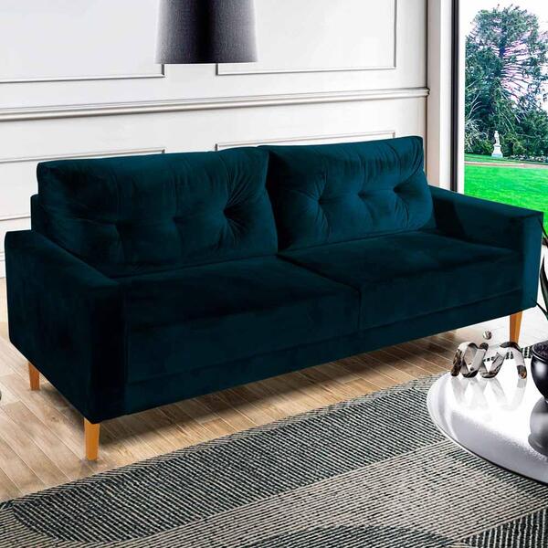 Sofá 3 Lugares Living 1,96m Veludo Azul Copenhague Shop Jm
