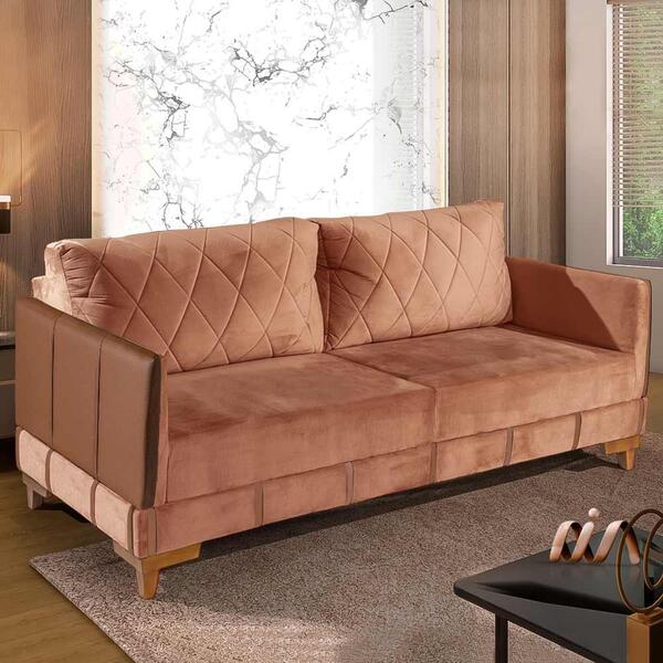 Sofá 3 Lugares Living 2,00m Veludo Rose Corino Caramelo Marse