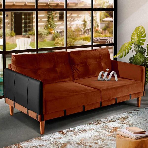 Sofá 3 Lugares Living 2,00m Veludo Terracota Corino Preto Rio