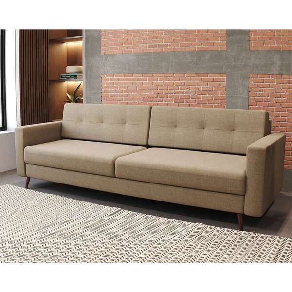 Sofá 3 Lugares Living Pé Palito Linho Cotton Bege 210 Cm