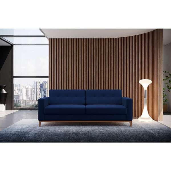 Sofá 3 Lugares Living Pés E Base Em Madeira Linho Cotton Azul
