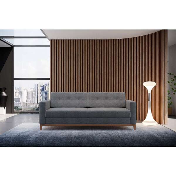 Sofá 3 Lugares Living Pés E Base Em Madeira Linho Cotton Cinz