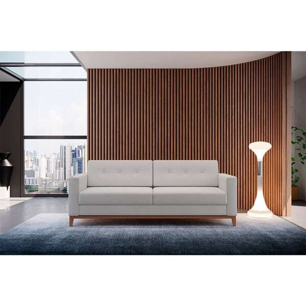 Sofá 3 Lugares Living Pés E Base Em Madeira Linho Cotton Cru