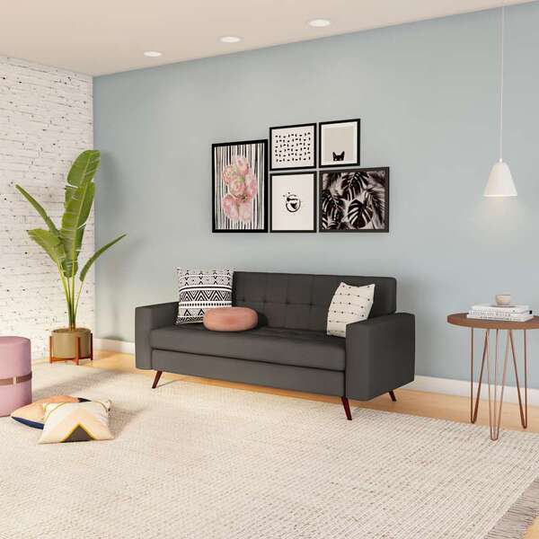 Sofá 3 Lugares Melanie Pé Palito Linho Cotton Grafite