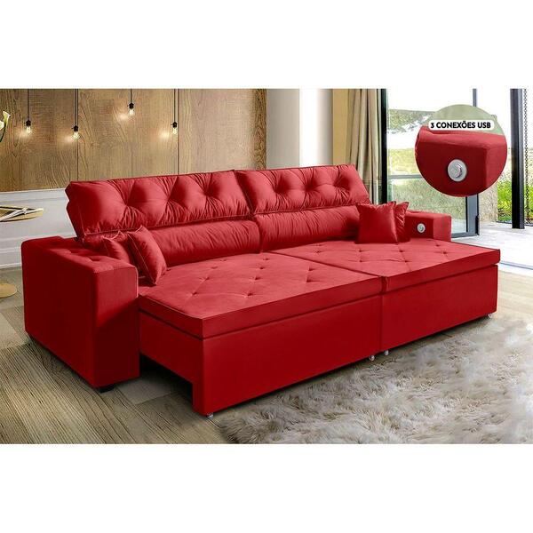 Sofá 3 Lugares Retrátil 212 M Carregamento Usb Vermelho