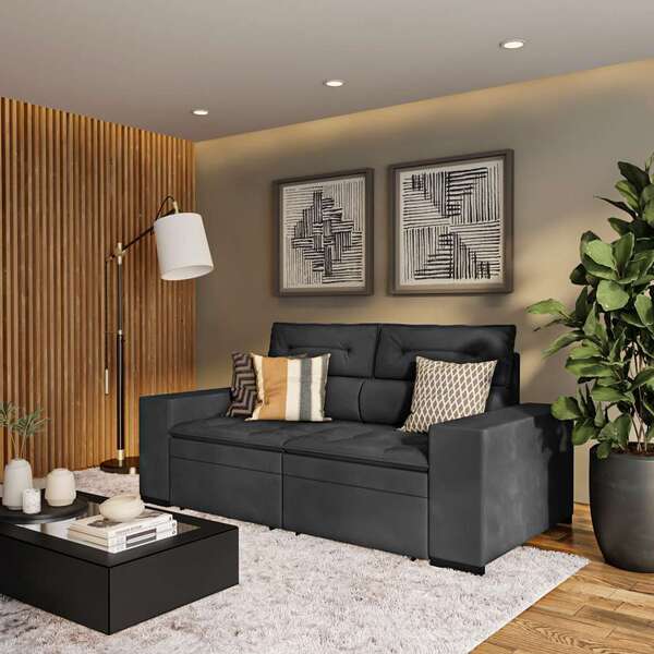 Sofá 3 Lugares Retrátil E Reclinável Com Baú El Dorado Suede