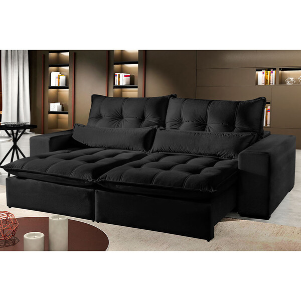 Sofá 3 Lugares Retrátil E Reclinável Máximo 2.30m Veludo Preto