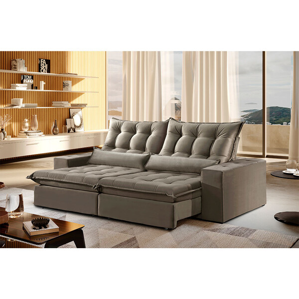 Sofá 3 Lugares Retrátil E Reclinável Venus 2.30m Veludo Cinza