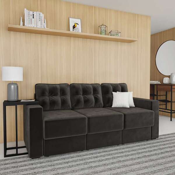 Sofá 3 Lugares Retrátil Essen Suede Grafite 210 Cm