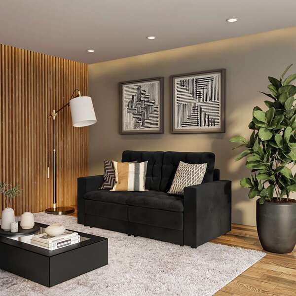 Sofá 3 Lugares Retrátil Nuremberga  Suede Preto