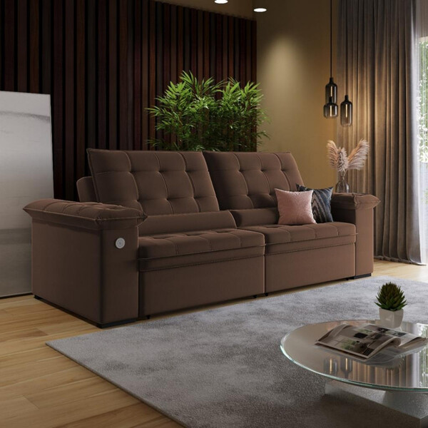 Sofá 3 Lugares Retrátil Reclinável Com Usb Veludo 200cm Khali