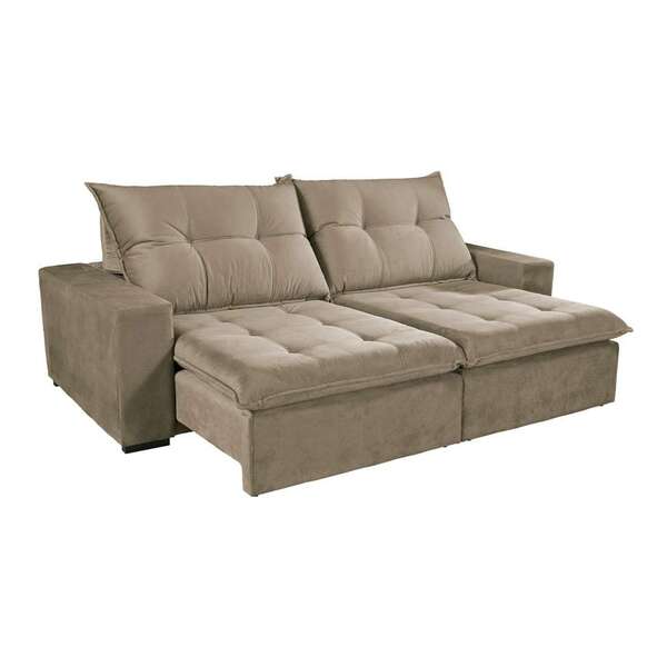 Sofá 3 Lugares Retrátil Sapucaí Veludo Bege 190 Cm