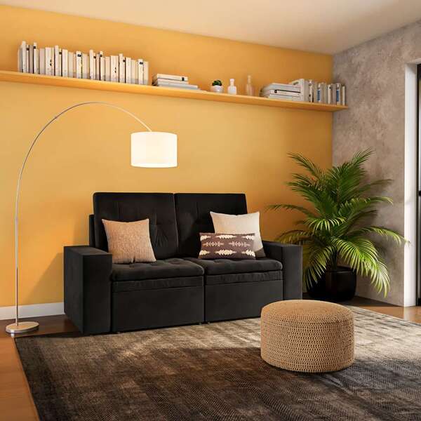 Sofá 3 Lugares Retrátil Zazil Suede Preto