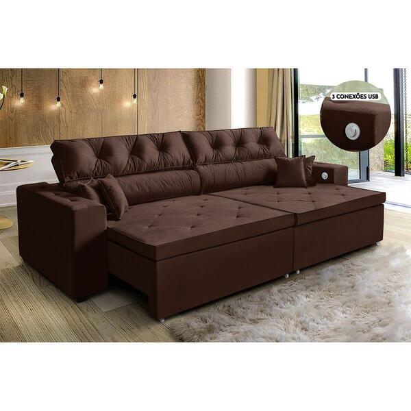 Sofá 3 Lugares Smart 202cm Marrom Retrátil Carregamento Usb