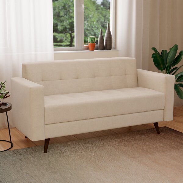 Sofá 3 Lugares Suede 175cm Bege Retrô Classico Pés De Madeira