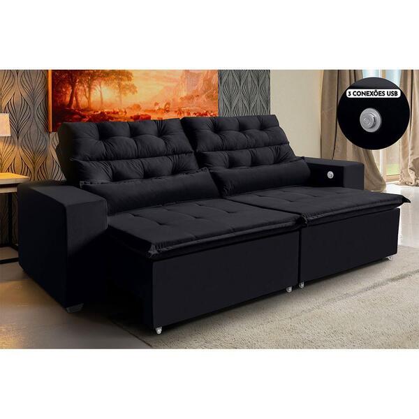 Sofá 4 Lugares 252cm Preto Retrátil Reclinável 3 Portas Usb