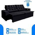 Sofá 4 Lugares 252cm Retrátil Reclinável 3 Portas Usb Preto