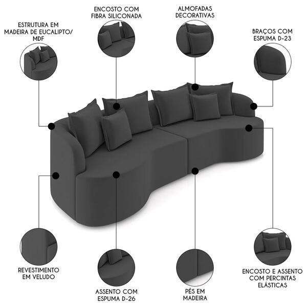 Sofá 4 Lugares 290cm Orgânico Quito Z08 Veludo Cinza Escuro