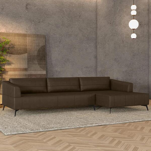 Sofá 4 Lugares 306cm Com Chaise Direito Eko Couro Castanho Z5