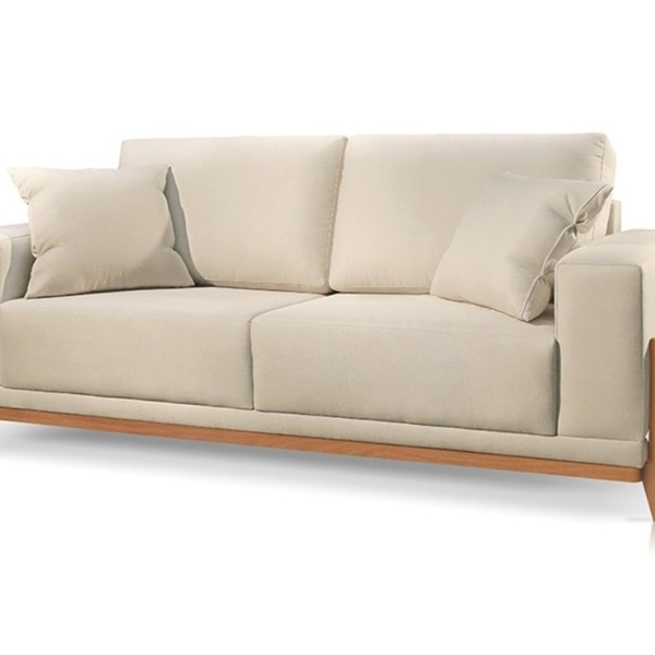 Sofá 4 Lugares Almofada Solta Base Madeira Linho Bege Claro B