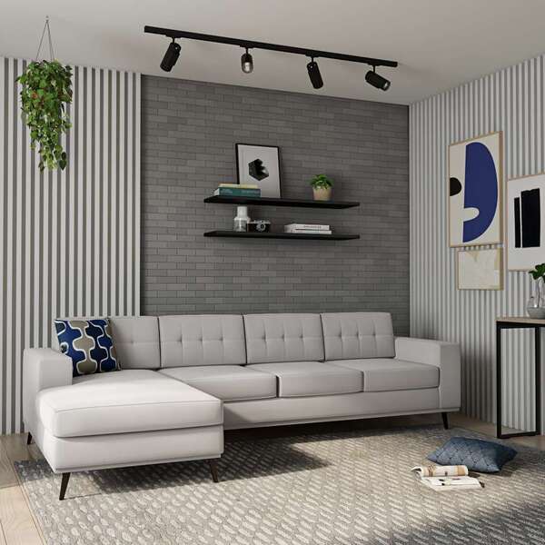 Sofá 4 Lugares Calmness Com Chaise Esquerdo Pé Palito Linho C