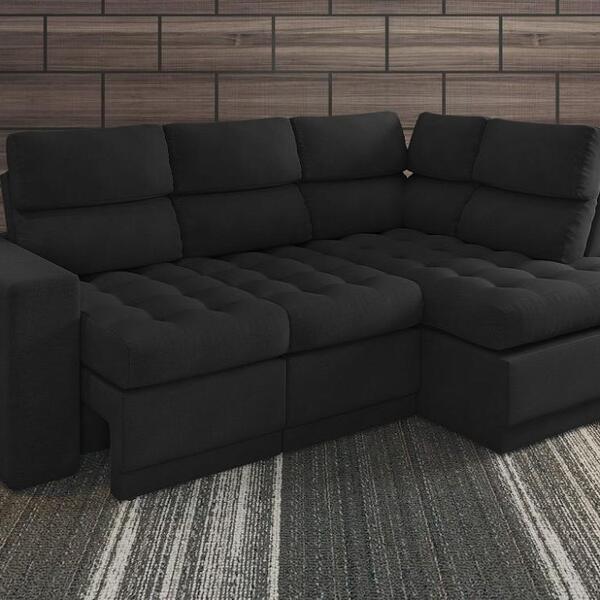Sofá 4 Lugares Canto Com Chaise Retrátil Miró Velosuede Preto