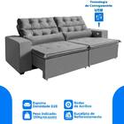 Sofá 4 Lugares Cinza Retrátil 252cm C/3 Portas Usb E 2 Puffs