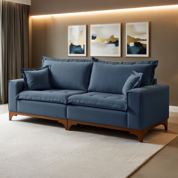 Sofá 4 Lugares Com Almofadas Nápoles  Linho/azul Petroleo