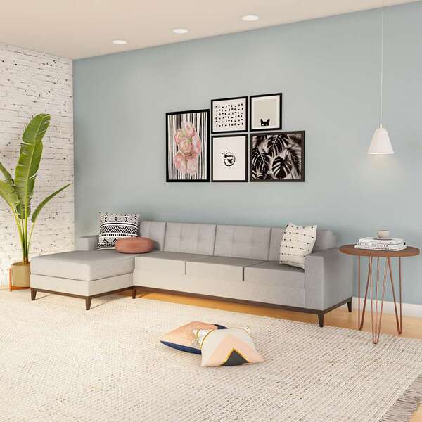 Sofá 4 Lugares Happy Com Chaise Esquerdo Pés E Base Em Madeir